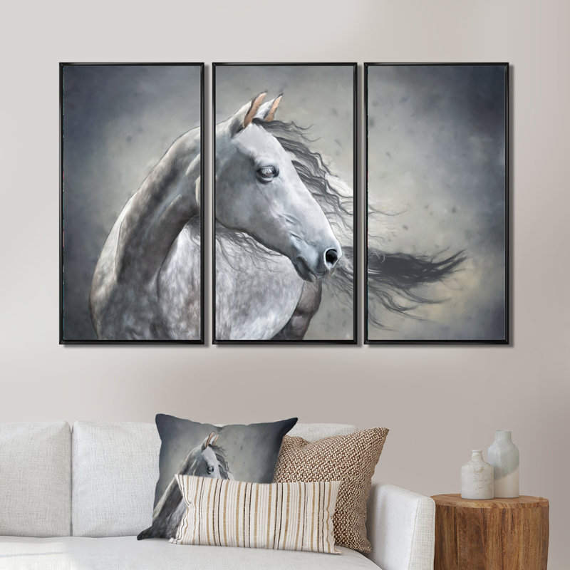 Portrait monochrome d'un cheval sauvage - 3 pièces, cadre flottant, impression sur toile, H 28 po x l 36 po, Cadre noir