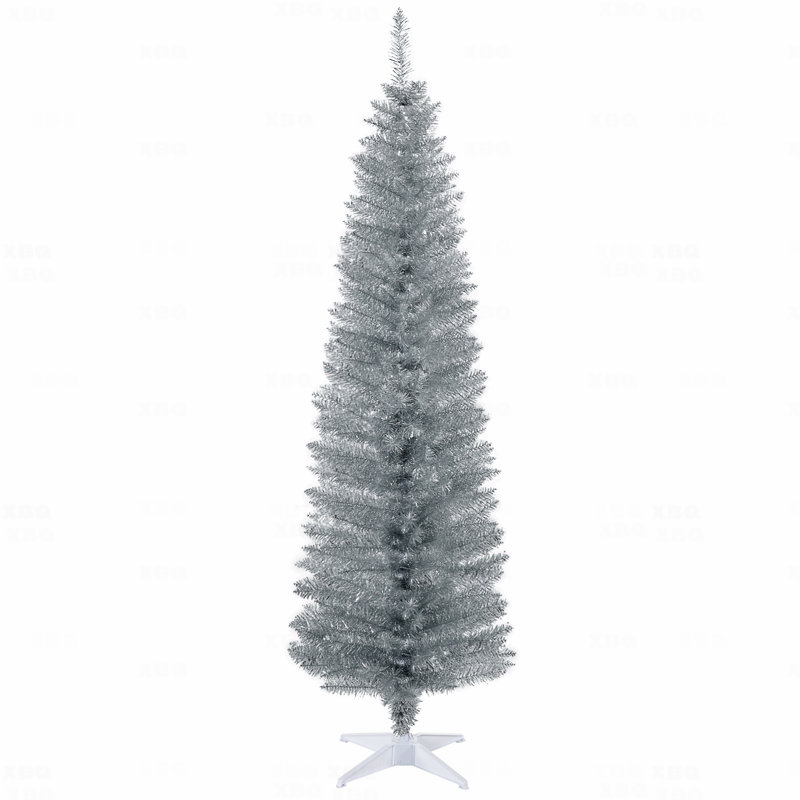 Arbre de Noël artificiel à forme allongée 6 pi, 390 branches réalistes, base en plastique, H 5 pi 9 po, Argent argent
