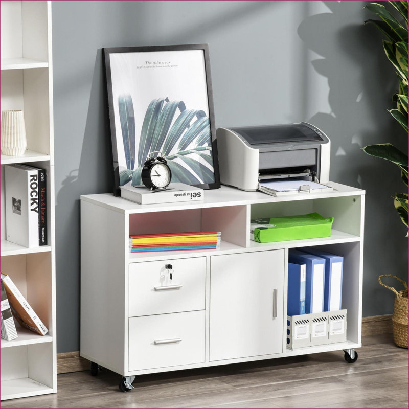 Armoires | Support à imprimante mobile moderne avec tiroir verrouillable et amp; Rangement | Panneau de particules | Blanc neige