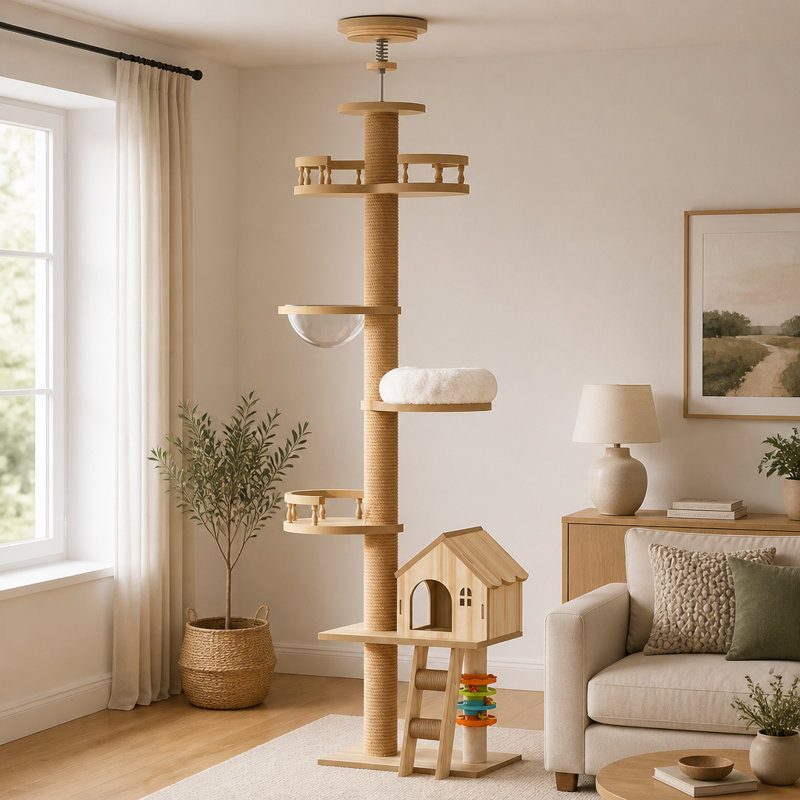 Arbre à chat du sol au plafond, hauteur réglable (98-110 pouces), grand lit niche et hamac pour le divertissement félin