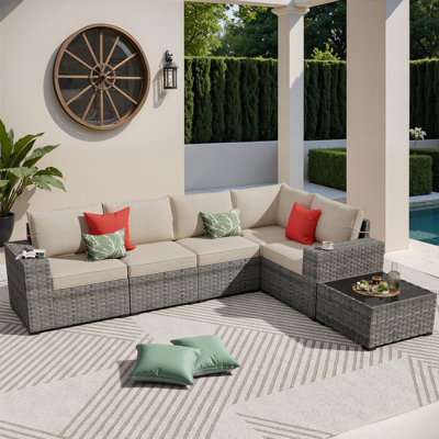 Ensemble de 6 meubles de patio modulaires d'extérieur, ensemble de conversation en osier avec canapé en forme de L, canapé d'extérieur avec table basse