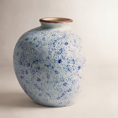 Dolohov Round Terracotta Vase with Transferware Pattern