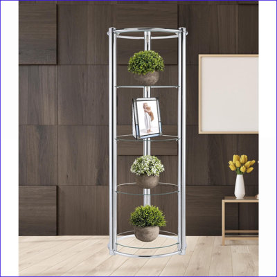 Display Shelf 5-Shelf Triangle Tempered Glass Chrome Silver Frame Modern | Chrome,Glass | Primary Living Space