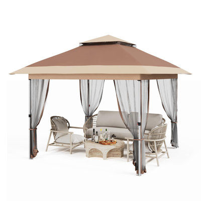 Pavillon de jardin escamotable, auvent extérieur 12X12 avec moustiquaire, tente à baldaquin avec rideaux / hauteur réglable / sac de transport à roulettes pour la cour de jardin