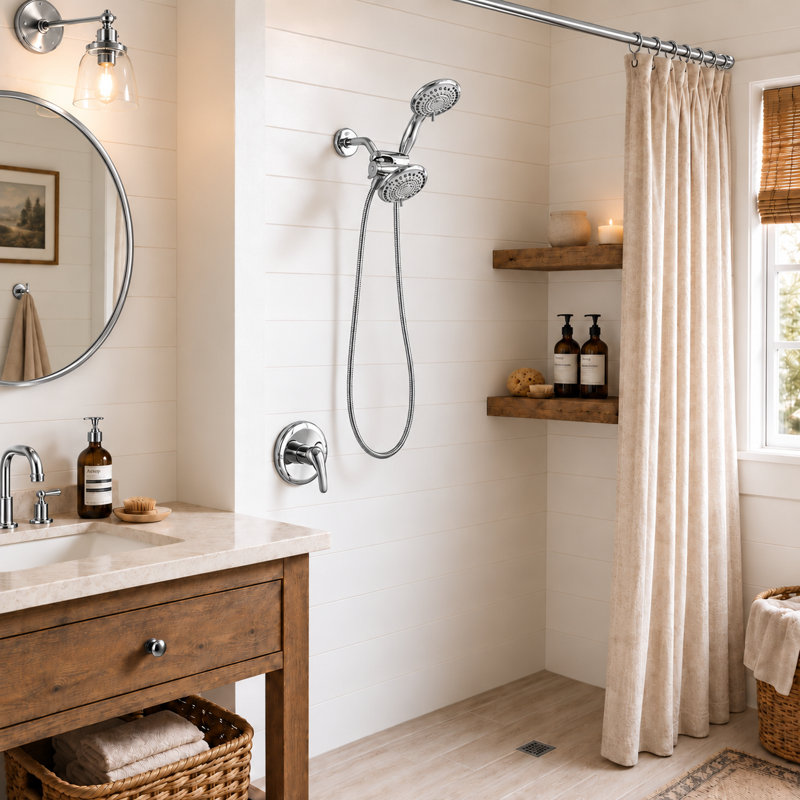 Pomme de douche double à 6 jets avec douchette, acier inoxydable, valve non incluse, Chrome poli
