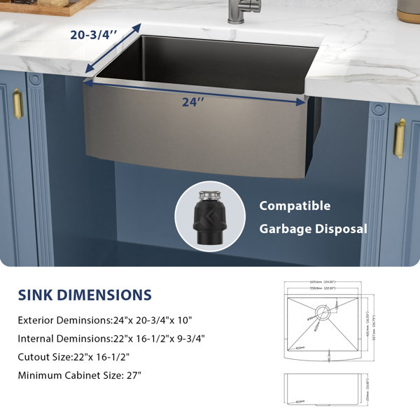 24 Inch Gunmetal Black NANO-PVD TRU16 Stainless Steel Farmhouse Apron Sink