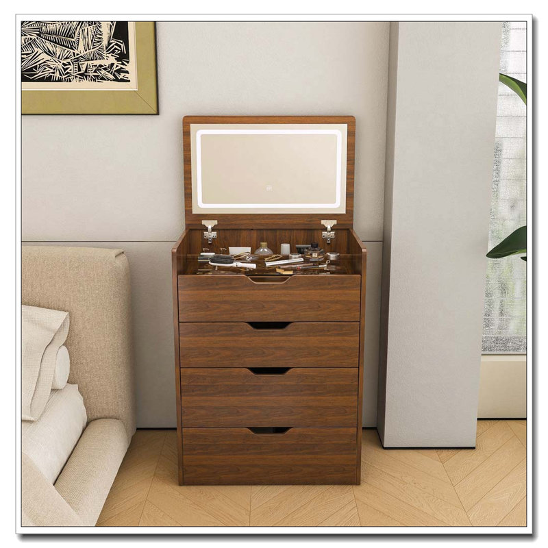 Bureau de coiffeuse 3-en-1 avec miroir éclairé, tabouret et rangement rabattable