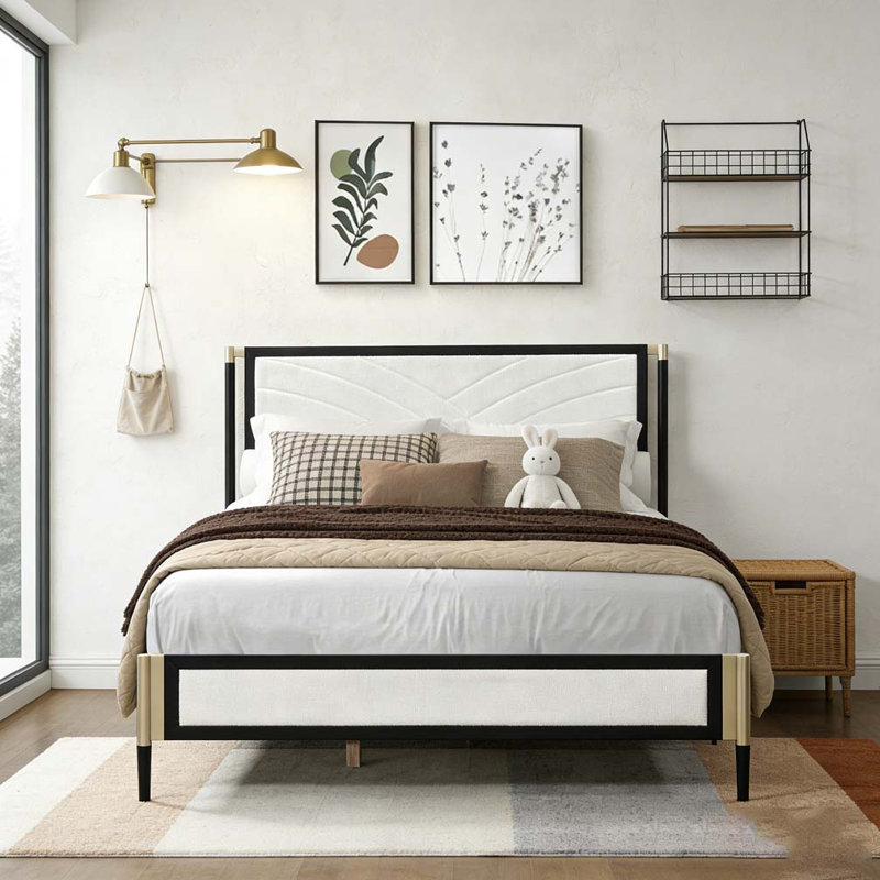 Bed with White Boucle fabric Headboard, Queen