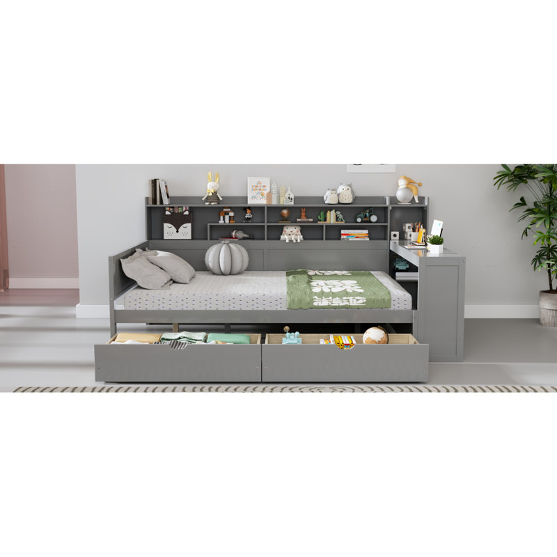 Lit de jour double en bois avec tablettes de rangement, lit multifonctionnel avec deux tiroirs de rangement et bureau d'étude, gris