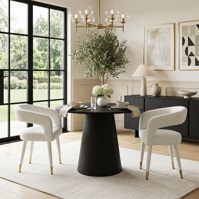 Modern 35" Black Round Dining Set For 2 With Chenille Arm Dining Chairs