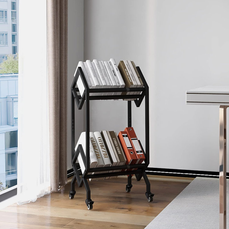 Black Industrial 2-Tier Metal Bookcase with Wheels
