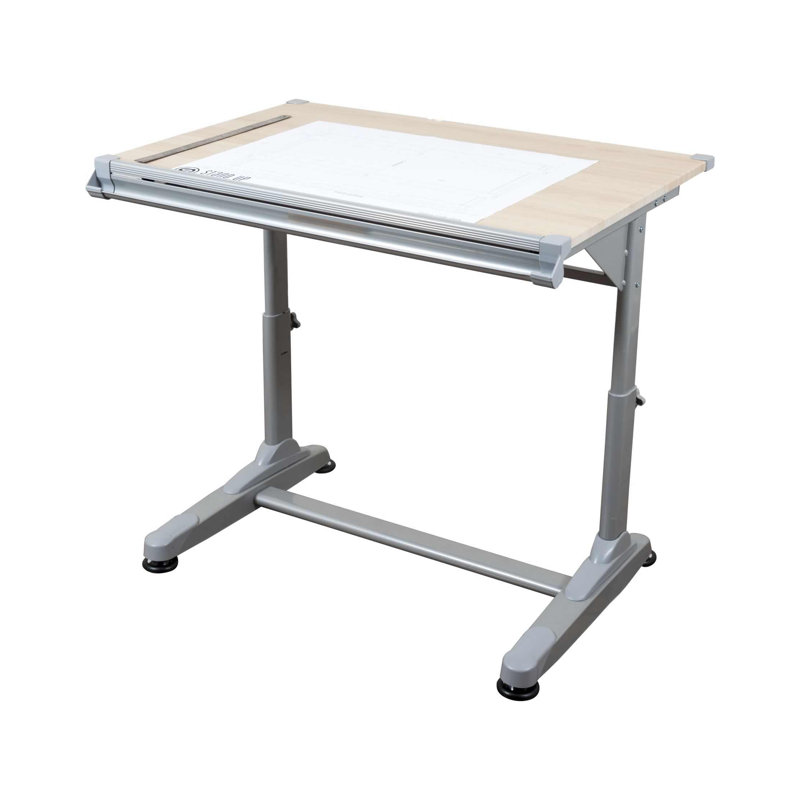 Adjustable Height Silver Frame Drafting Table with Birch Top
