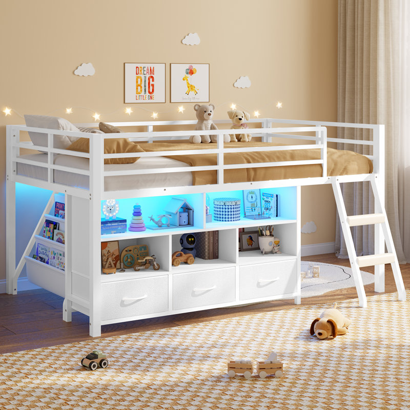 Twin Size Loft Bed With Led Lights,3 Storage Drawers, 3-tier Kids Bookshelf, 5 Open Cubbies & Stairs, Low Metal Loft Bed Twin With 13.4in Guardrail, Space Saving