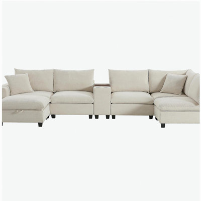 Canapé modulaire surdimensionné à 6 places avec console mobile et chenille, siège large, coussins en mousse pure, poches de rangement amovibles, revêtement en chenille de 140 po