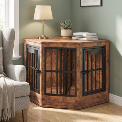 Cage décorative pour chien, style meuble, avec table d'appoint, couleur marron.