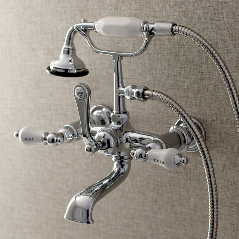 Kingston Brass Aqua Vintage Three-Handle 2-Hole Tub Wall Mount Clawfoot Tub Faucet with Hand Shower, Polished Chrome