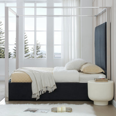 Jeffrey Canopy Velvet Upholstered Queen Bed Frame In Black