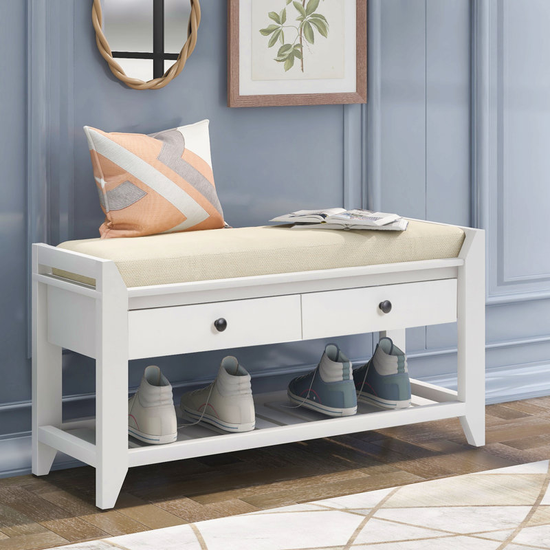 Range-chaussures avec siège rembourré et tiroirs, banc de rangement polyvalent pour hall d'entrée, Blanc