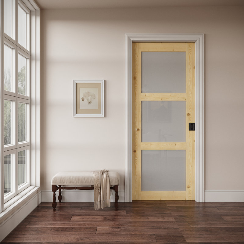 Intérieur: porte en bois de pin et en verre givré 3-Lite, porte de style colonial Colonial, verre trempé de type GSC, cadre renforcé renforcé et serrure de poche noire et ensemble de quincaillerie, pré-fini et imperméable, pour garde-manger, chambre à coucher et garde-robe 32 po x 80 po