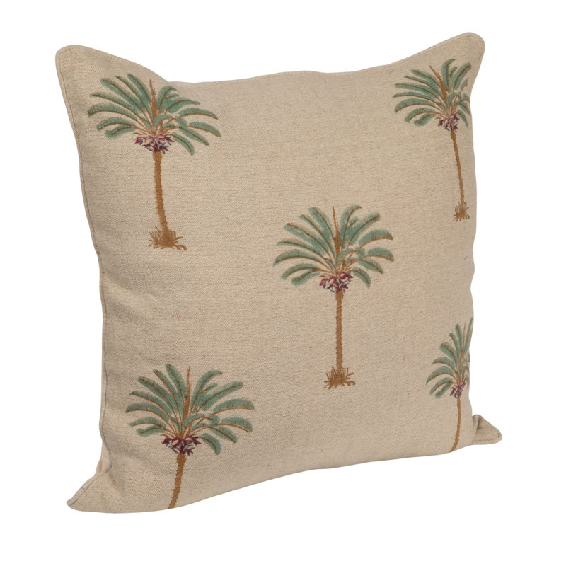 Cotton Linen Blend Block Printed Pillow With Palm Trees