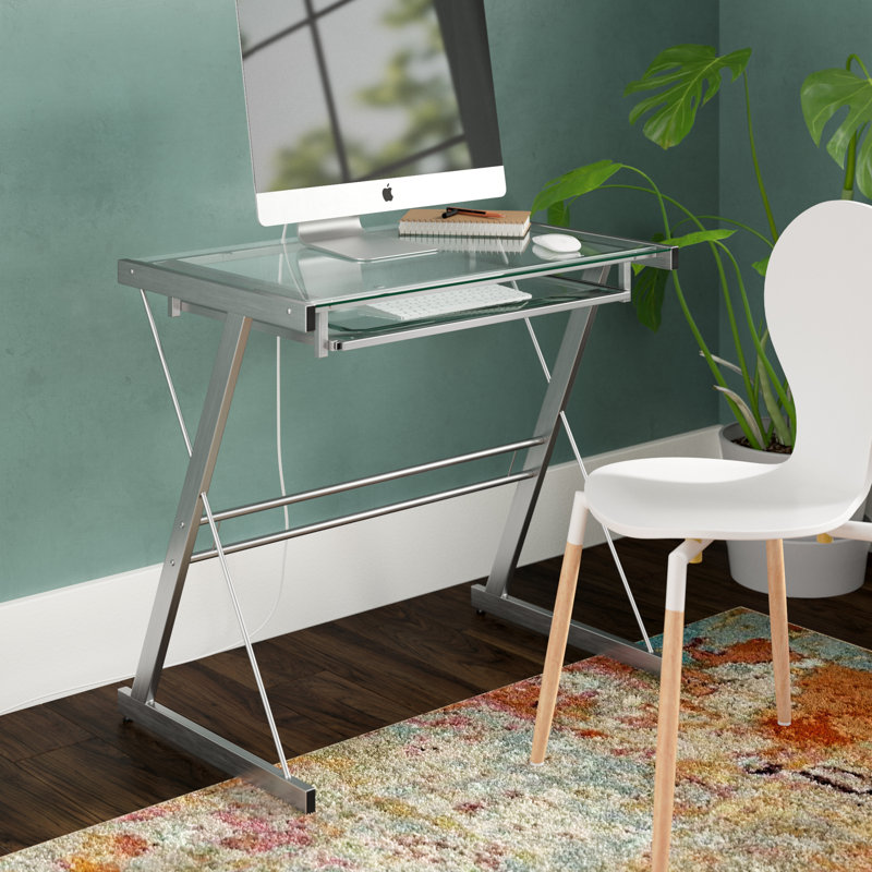 Sarisha Glass Desk with Keyboard Tray, Silver