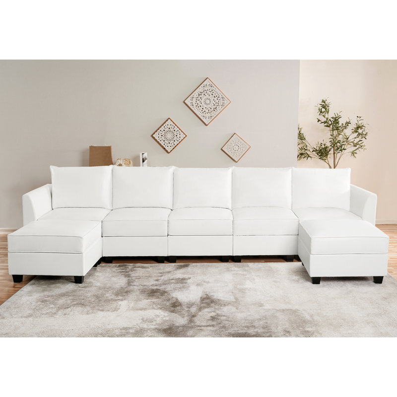 Canapé modulaire en U convertible 5 places avec 2 repose-pieds et méridienne réversible Rudmal, Blanc brillant