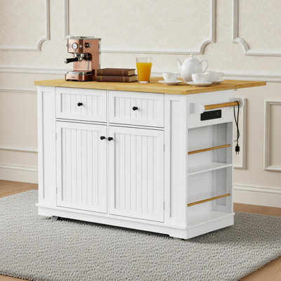 Grand îlot de cuisine de 48 pouces avec rallonge, prise de courant, support de rangement interne, chariot de rangement sur roulettes sur 5 roues avec 5 supports latéraux ouverts pour la cuisine, la salle à manger, blanc (sans les tabourets)
