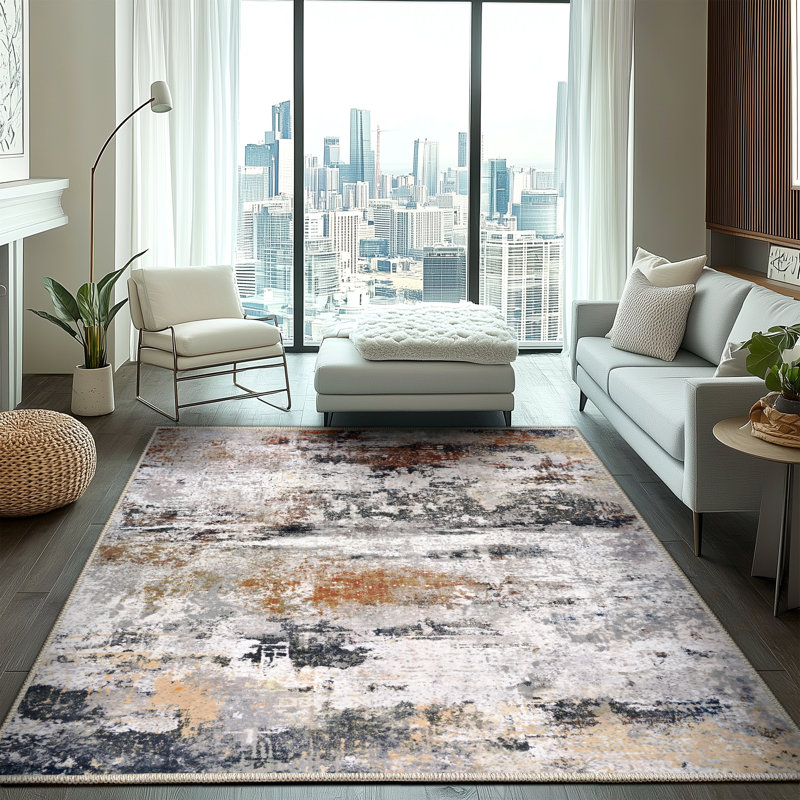 4x6ft Machine-washable Carpet, Cashmere-Look Rug with Non-Slip Backing and Durable Edging, Modern Oil Painting Style Rug Suitable for Living Room, Bedroom, Dining Room