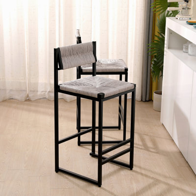 Set Of 2 Hand Weave Bar Stools With Back Counter Height Bar Chairs Paper Rope Woven Dining Stool For Kitchen, Home & Office