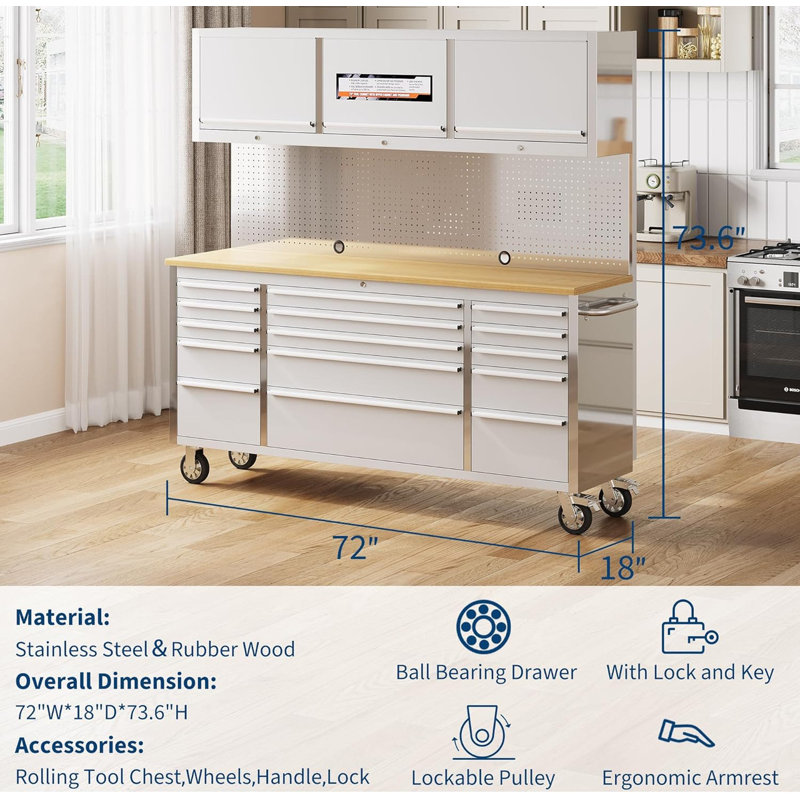 Coffre à outils 72 pouces avec 15 tiroirs, armoire de rangement mobile avec système de verrouillage pour garage