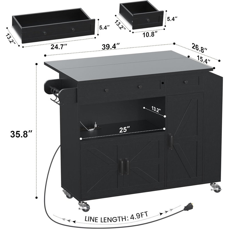 Kitchen Island with Drop Leaf, Rolling Kitchen Island with Power Outlet and Led Light