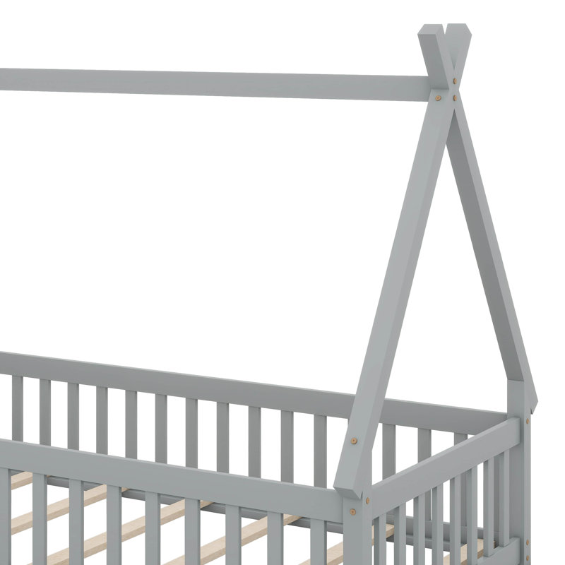 Lit simple en bois en forme de tente avec garde-corps, Gris