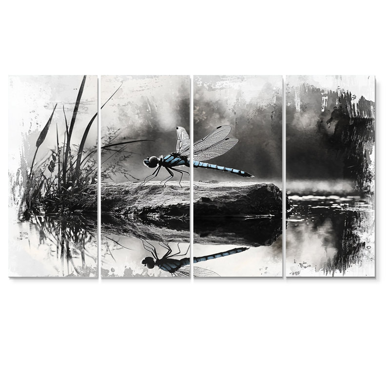 «Black and White Dragonfly Pond Princess», ensemble d'art mural sur toile, H 28 po x l 48 po