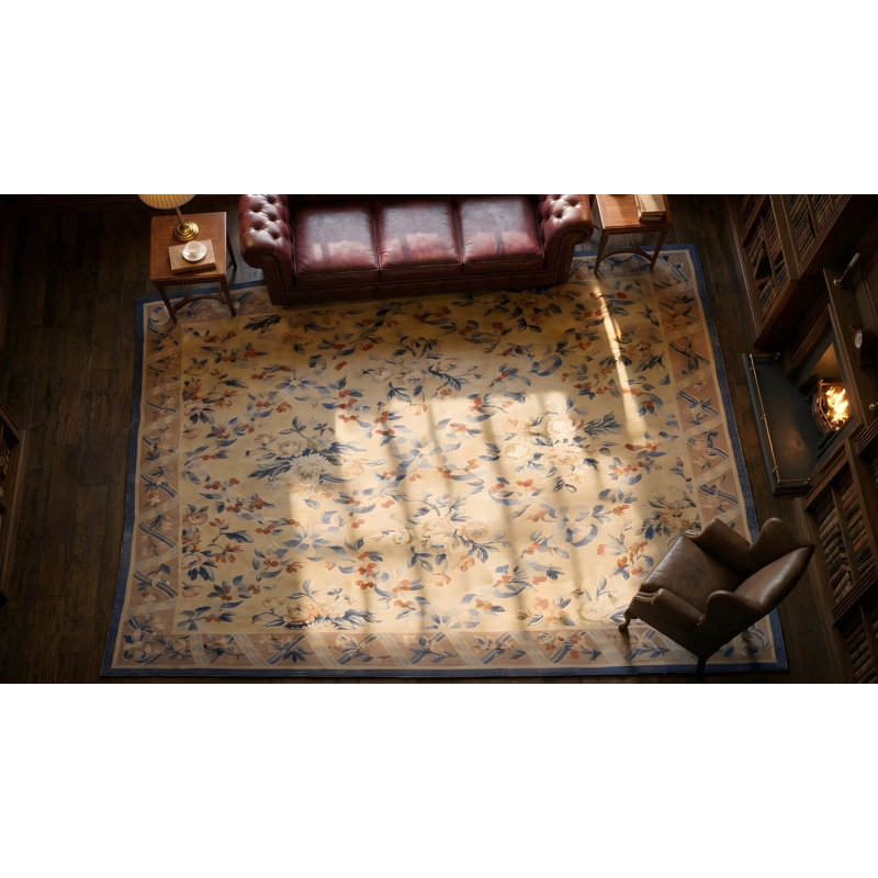 Antique Aubusson French Allover Floral Knotted Rug