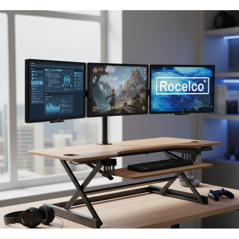  46 in. Beige Height Adjustable Standing Desk Converter Triple Monitor Riser with Gas Spring Assist System