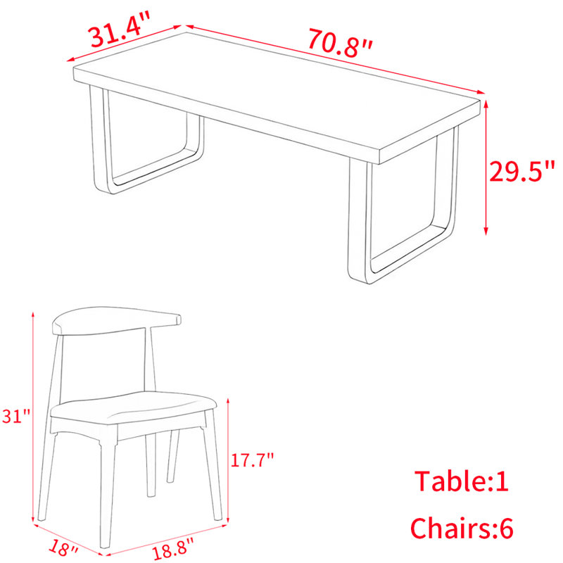 Ensemble de table de salle à manger en bois massif de style nordique, H 29,5 po x L 70,8 po x l 31,4 po