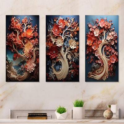Coral Organic Tree Harmony - Ensemble de 3 décorations murales en métal séquoia