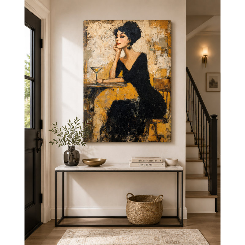 «Golden Hour Glamour - Elegant Woman with Martini», art mural sur toile, H 48 po x l 36 po