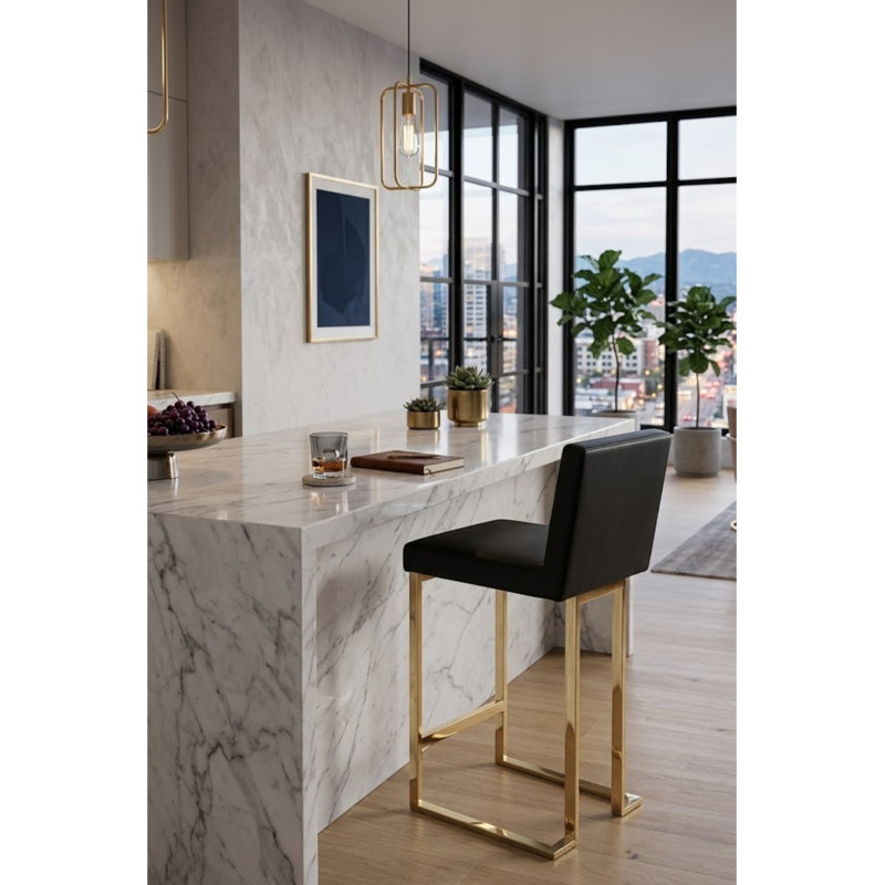 Pangea Home Dexter Faux/Vegan Leather Bar Stool - 26" Seat Height – Modern Upholstered Bar Chair with Steel Metal Legs - Indoor - Bar, Dining, Kitchen - Black with Gold Legs