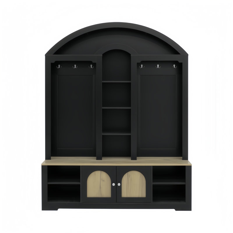 Multi-Functional Wardrobe With Shoe Racks, Clothes Hangers, And Hooks - Sturdy MDF Modern Entrance Wardrobe, Black