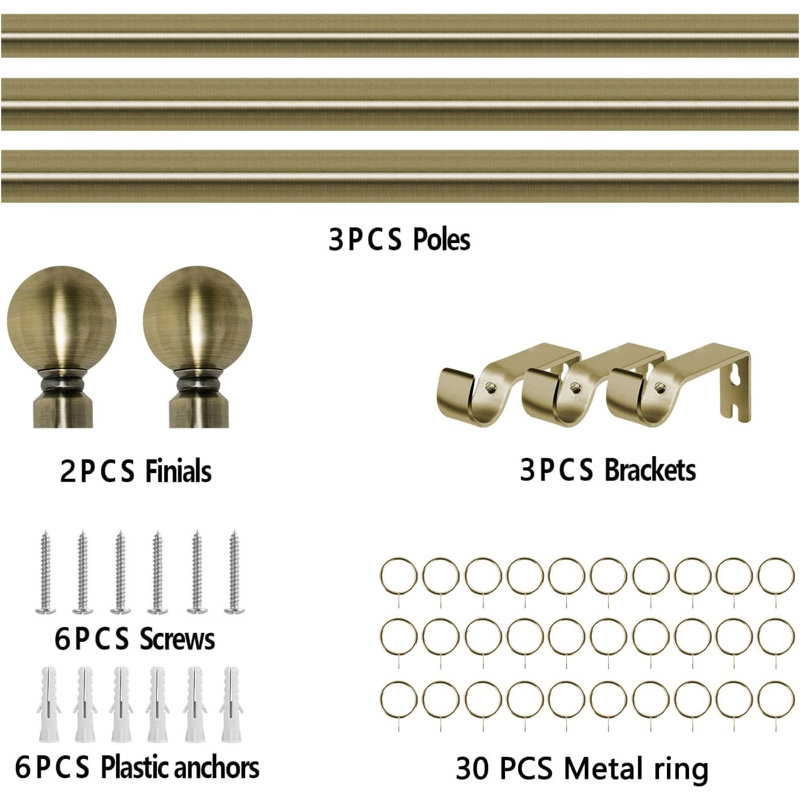 Adjustable 70cm to 300cm 2.8cm Single Curtain Pole, Antique Brass
