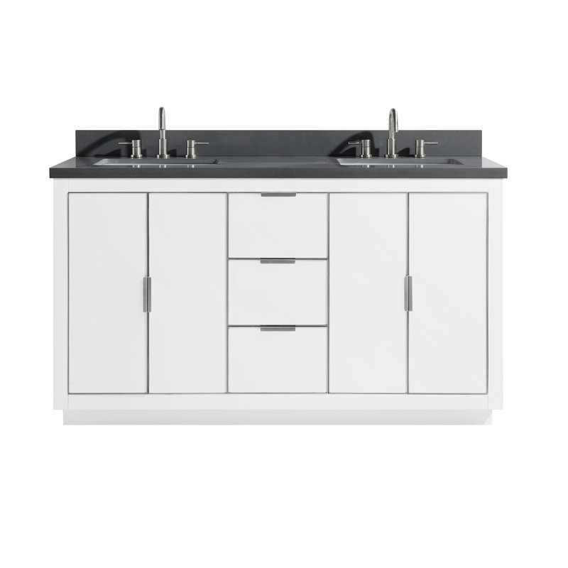 Austen 61'' W Double Vanity, White, Gray Quartz/Silver