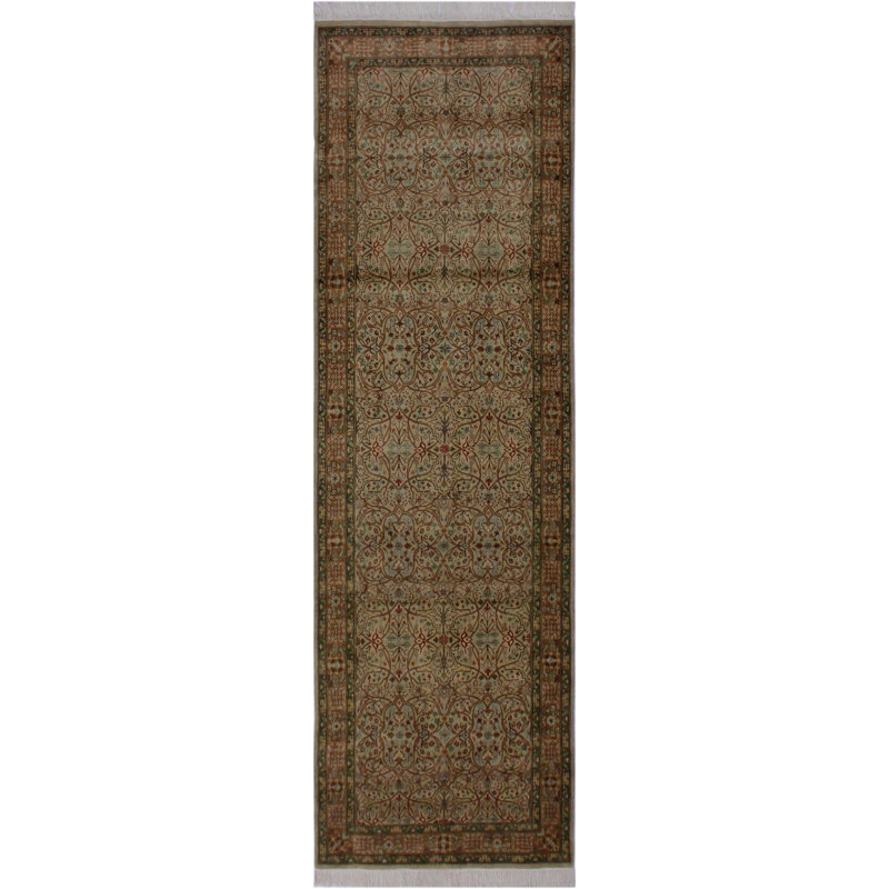 Tapis vert en laine noué à la main à motif floral 3 pi 1 po x 9 pi 4 po Roca