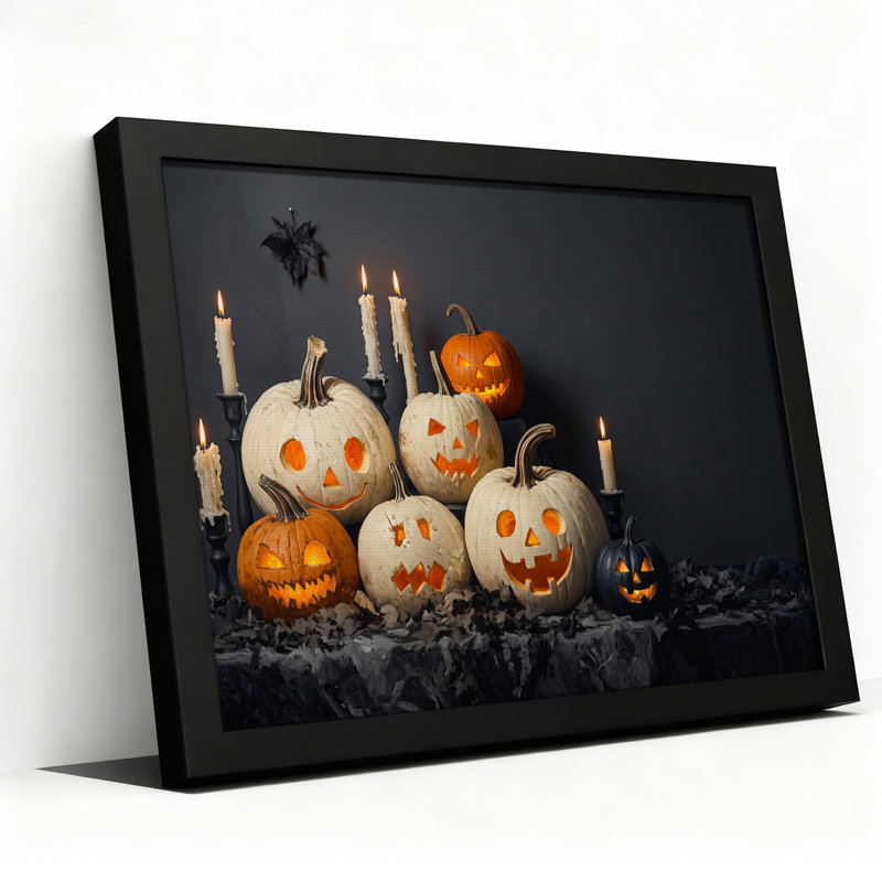 Art mural sur toile sculpté citrouilles blanches et oranges avec bougies allumées, 16"H x 24"W