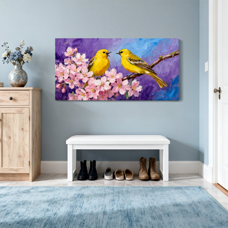 Animals Two Yellow Birds On Blossom Branch, 28" H x 58" W