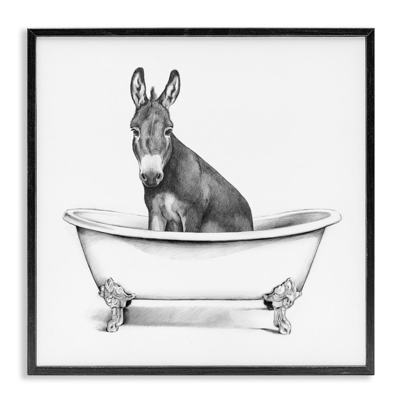 Dessin d'un âne dans une baignoire à griffes, Giclée encadrée noir minuit, H 12 po x l 12 po