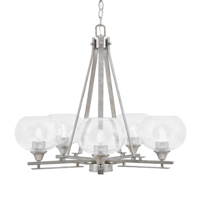 Uptowne 5 Light Uplight Chandelier Shown In Aged Silver Finish With 7" Clear Bubble Glass
