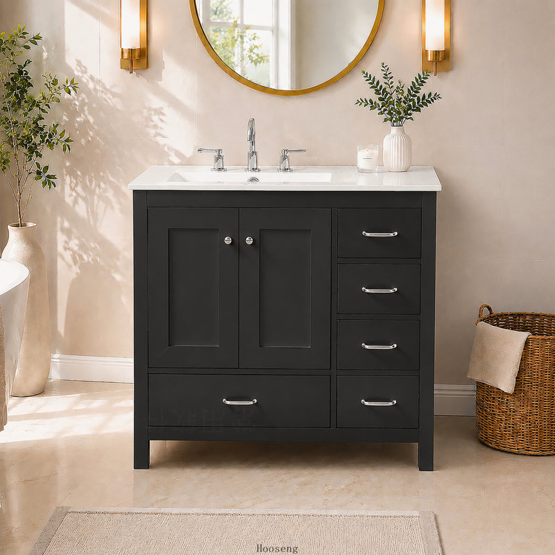Meuble-lavabo noir de 91 cm (36 po) avec lavabo en céramique, 2 portes à fermeture en douceur et 5 tiroirs, Black, Silver