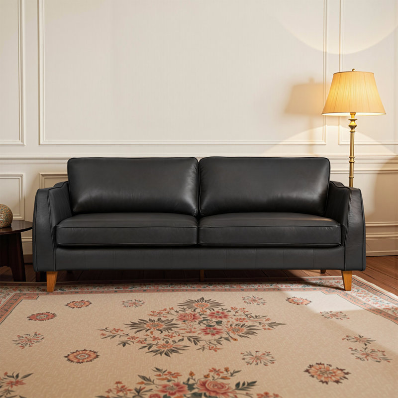 Top-Grain Leather Sofa Couch with Solid Wood Legs, Black