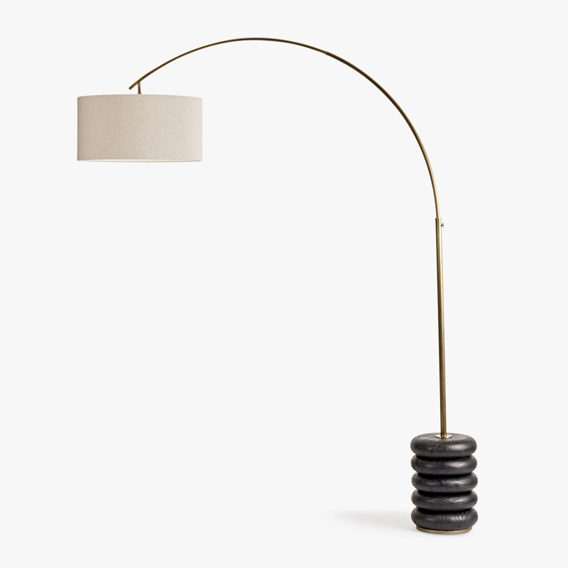 Mirela Black Arc Floor Lamp with Curved Metal Stand and Oversized Linen Drum Shade for Living Room, Black
